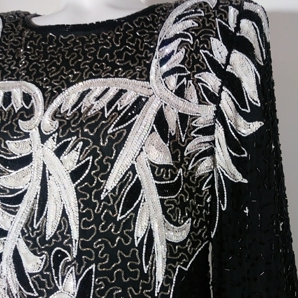 Vintage Silk black white heavy bead event gown vogue Dynasty diva Glam Mob Wife